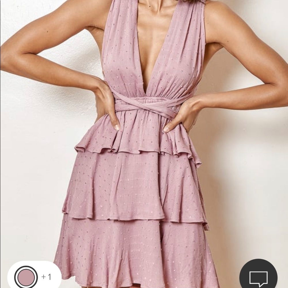 Lulus - All About Bliss Mauve Swiss Dot Tiered Halter Mini Dress
